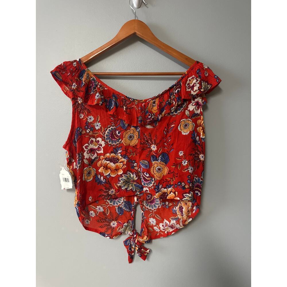 NEW Womens Size L Altar'd State Red Floral Crop Top Button Tie Front Sleeveless